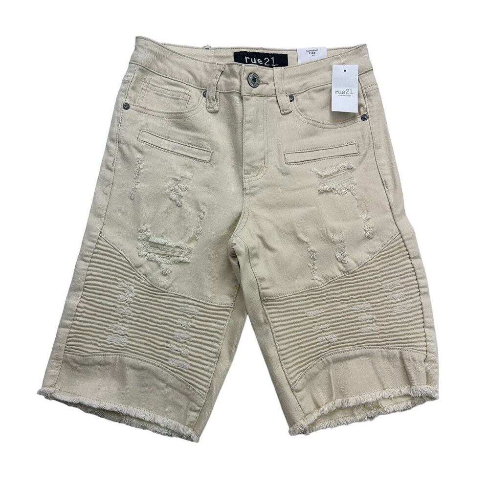 Rue21 Jean Shorts Mens 26 Beige Denim Supreme Flex Stretch Distressed NWT